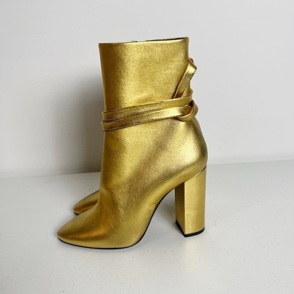 SAINT LAURENT Lou Metallic Gold Leather Ankle-Wrap Boot - Picture 4 of 8